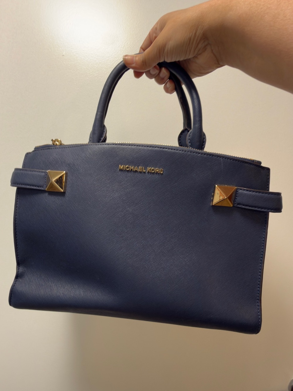 Michael Kors Dark Blue Saffiano Satchel with Gold Hardware
